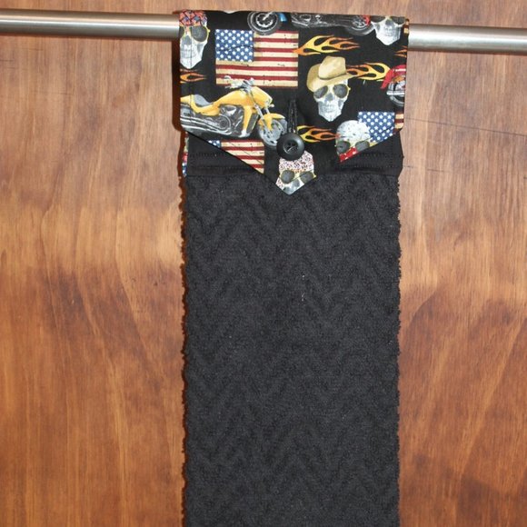 AMERICAN FLAG, MOTORCYCLE, SKULL HANDMADE HANGING KITCHEN BLACK COTTON HANDTOWEL - Picture 2 of 4